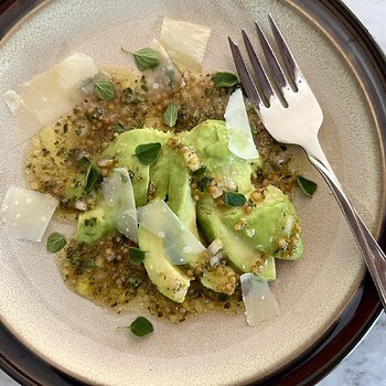 Avocado Salad with Pickled Mustard Seeds and Oregano Vinaigrette