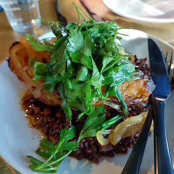 Braised cabbage, red wine lentils, pickled onion, fresh herbs