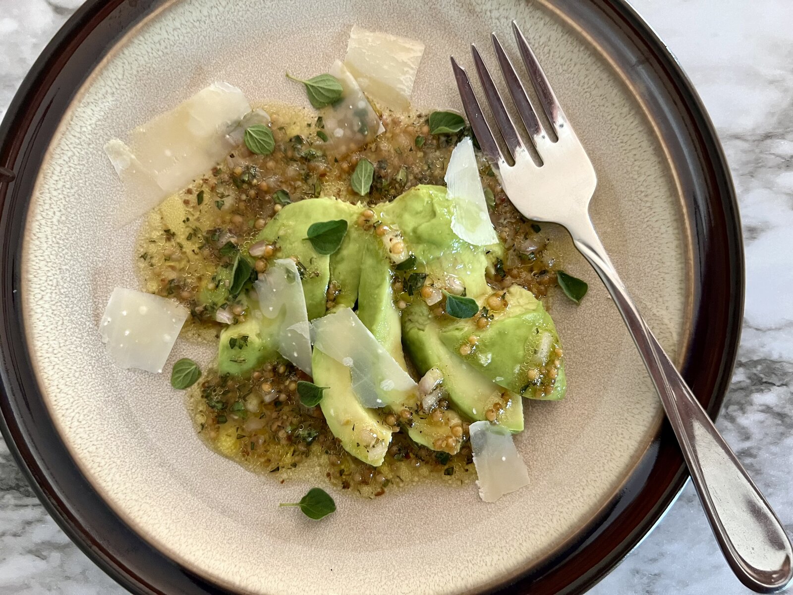 Avocado Salad with Pickled Mustard Seeds and Oregano Vinaigrette