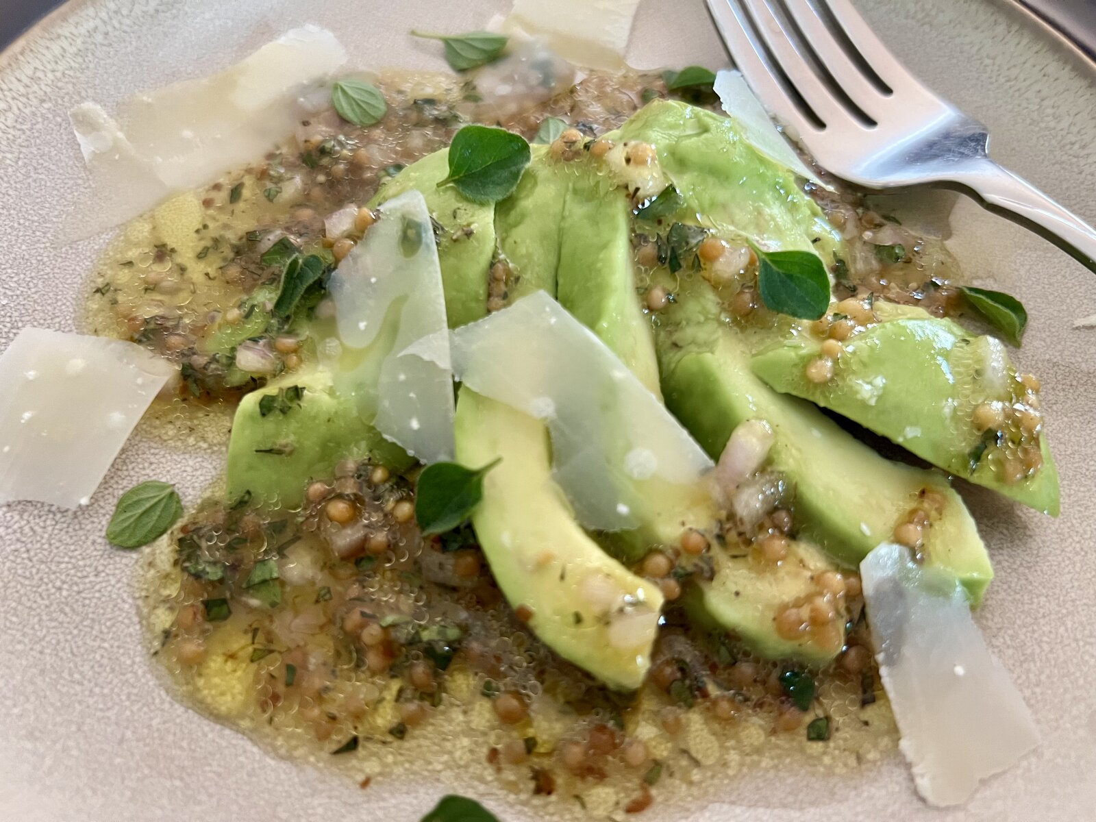 Avocado Salad with Pickled Mustard Seeds and Oregano Vinaigrette