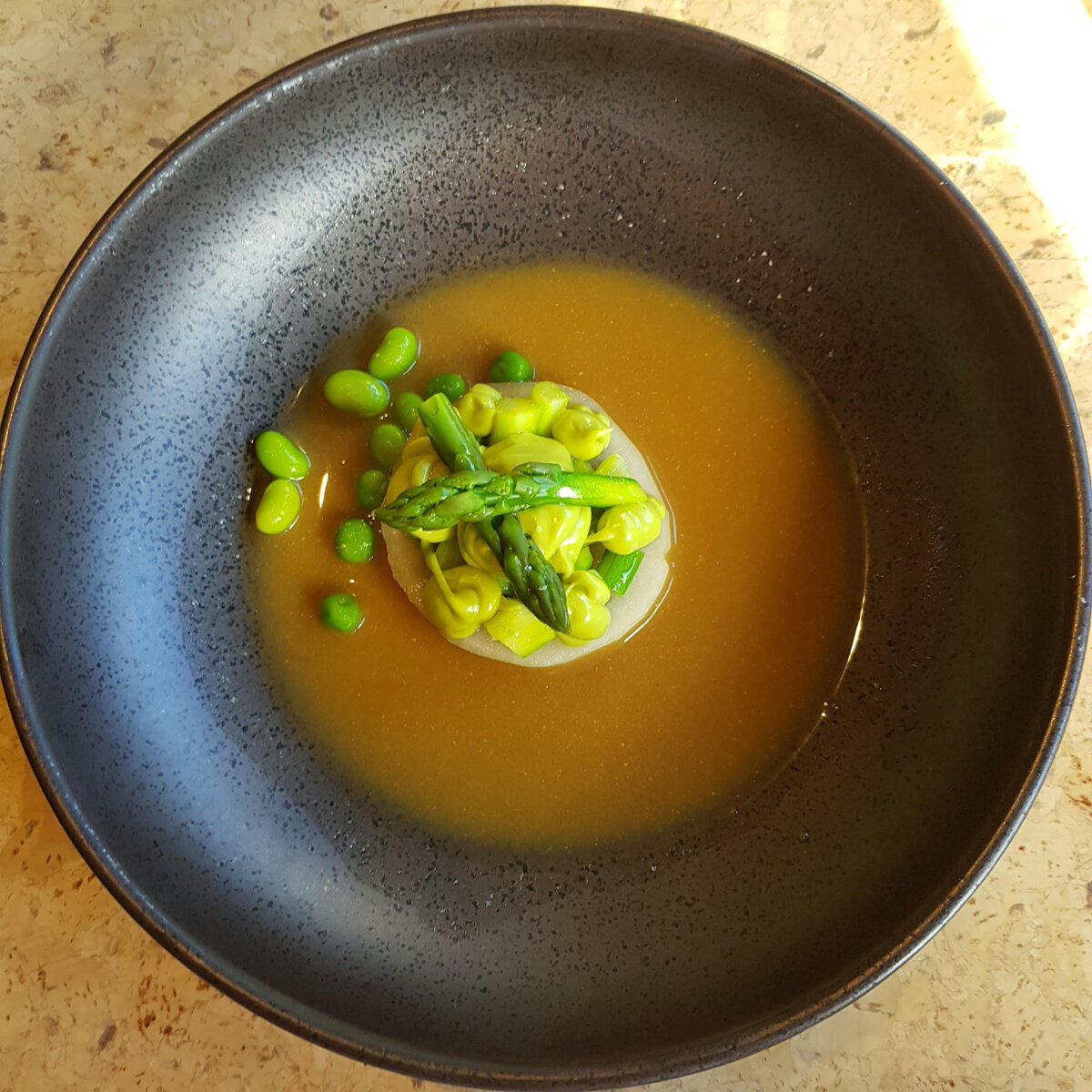 Edamame Flan, Asparagus, White Miso & Shiitake Broth, Salted Baked